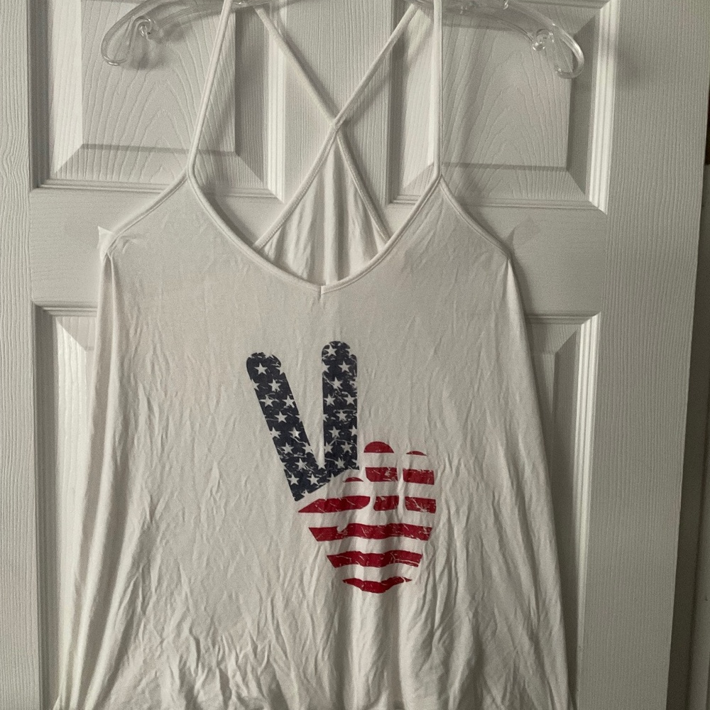 Red, white,& Blue stars & stripes peace sign patriotic 4th of July summer top